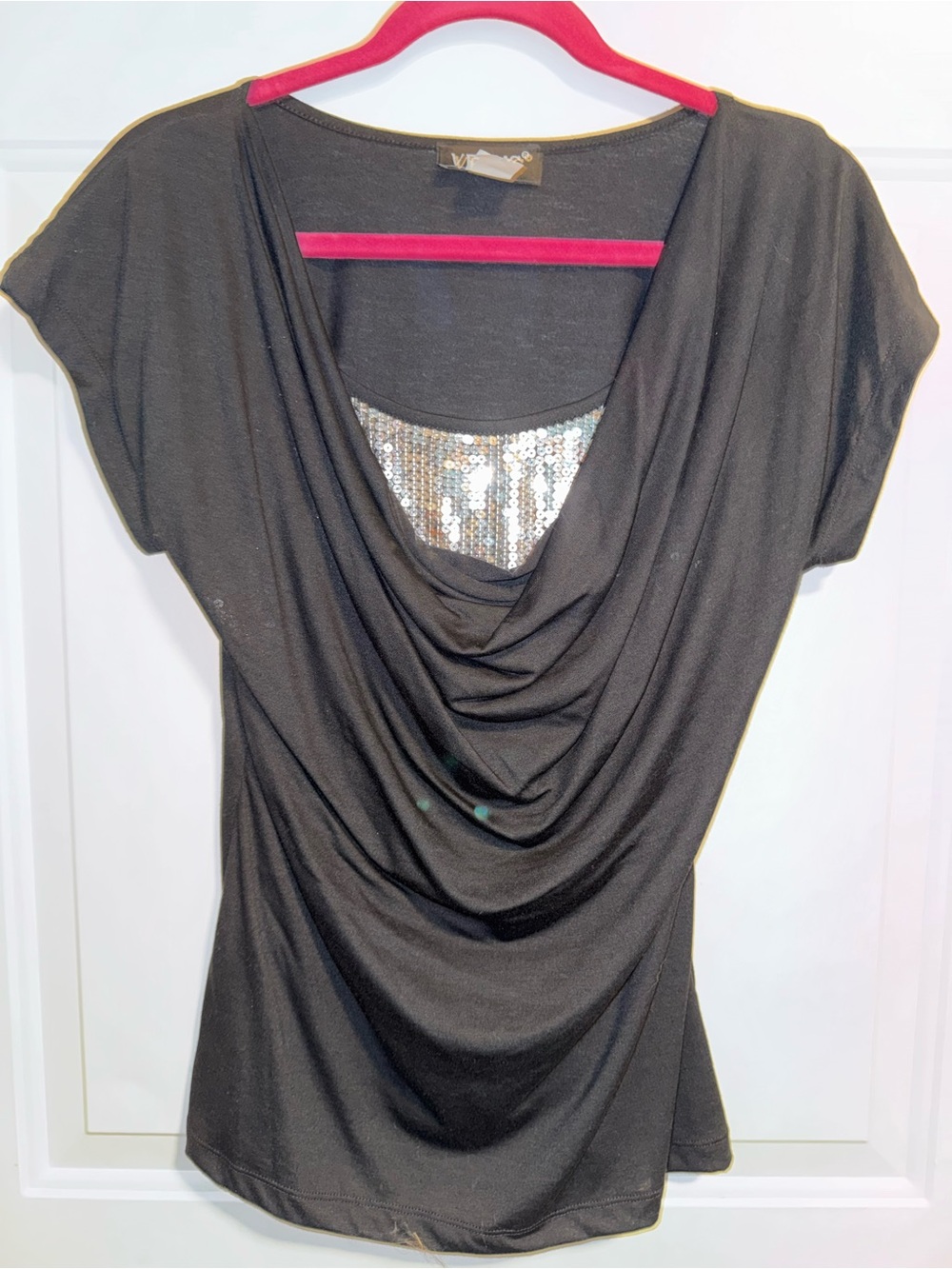 VENUS Black Draped Neck Top with Sequin Inset